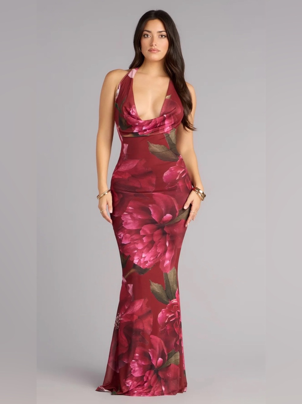 Windsor Wine Plunging Cowl Halter All Eyes On Me Floral Open Back Maxi Dress